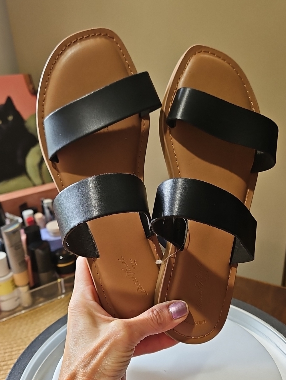 Universal Thread Black Double-Strap Slide Sandals with Tan Footbed